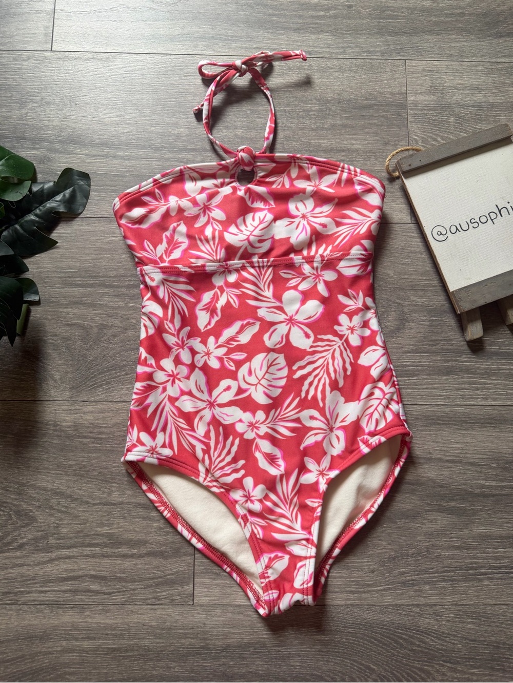 Art Class Tropical Hawaiian Hibiscus Plumeria Floral One Piece Halter Swimsuit S
